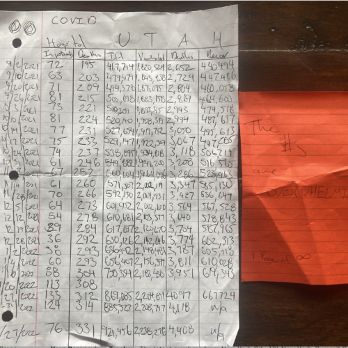 A photo of a piece of paper with columns of numbers organized by date, in-patient, and deaths from COVID-19