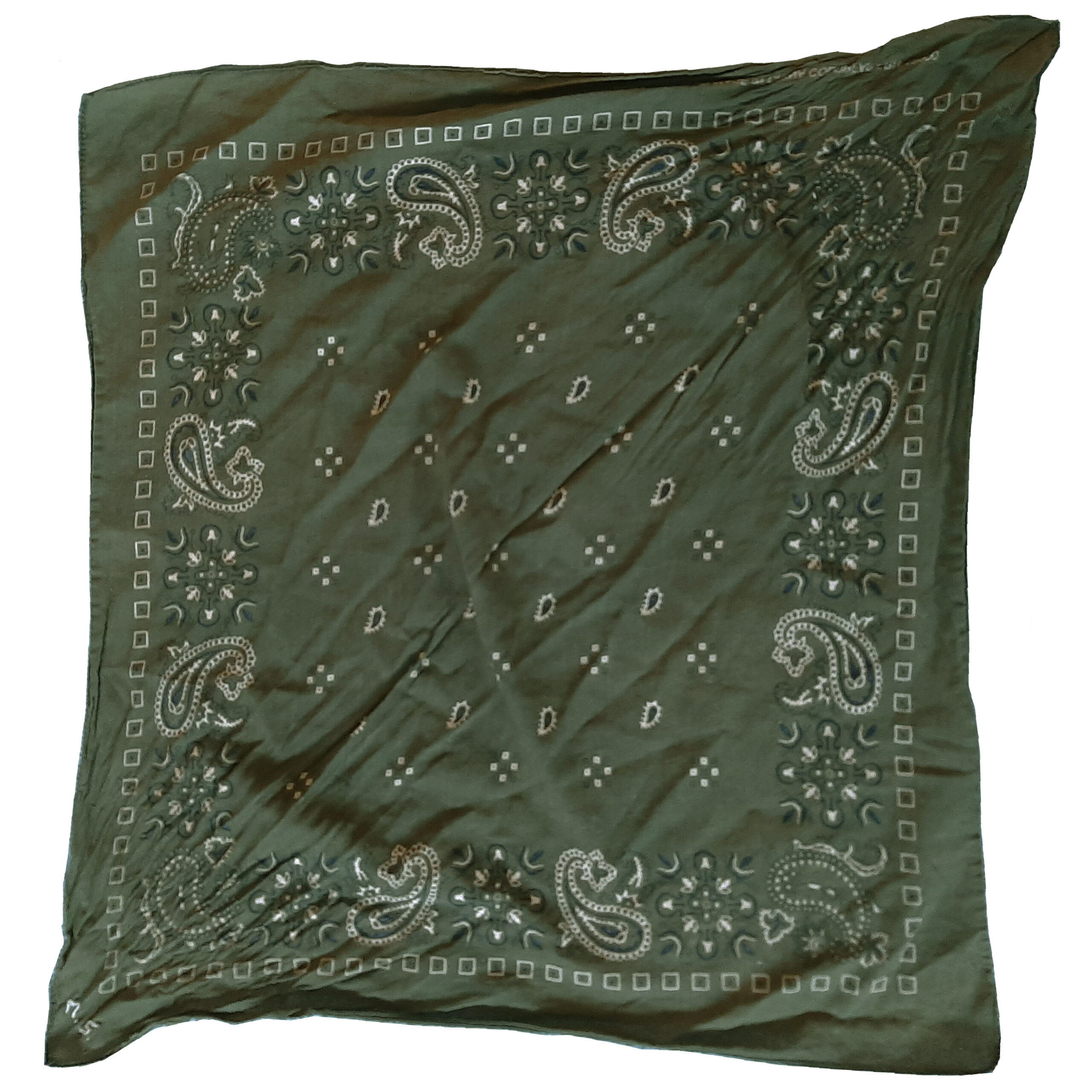 A green bandana, laid out flat, with the initials M.S. in the corner.